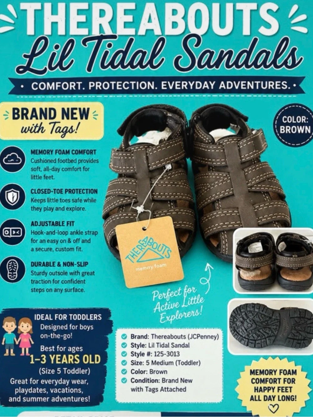 Children's Brown Strappy Closed-Toe Sandals -Hook-and-Loop Fastening- Toddler 5